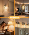 Collage showcasing wall sconces, chandeliers, table lamps, and vanity lights in a home interior setting.