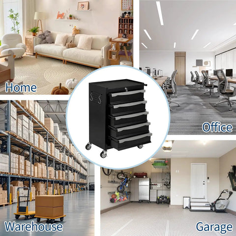 Heavy Duty Rolling Tool Chest With Five Drawers And Smooth Ball Bearing Slides For Garage Workshop Organization in home, office, warehouse, or garage.