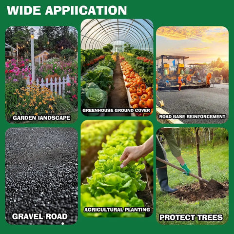 Heavy Duty Weed Barrier Fabric Kit For Gardens 4x30 Feet Permeable Landscape Cloth 3.2oz with multiple garden applications shown.