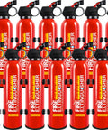 Twelve Pack 21 Oz Water Based Mini Fire Extinguishers Class A B C K Top Shelf Auto Safety Kit For Cars RVs And Boats displayed in a row.