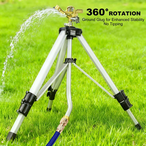 Tripod Lawn Sprinklers Pack Of 2 Heavy Duty 360 Degree Coverage For Yard And Garden Adjustable Height tripod with sprinkler head.