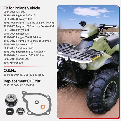 No Drama Heavy Duty Water Pump Bearing Seal Gasket Kit For Polaris Sportsman Ranger ATV 400 models and specs visual.