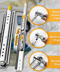 Tank Grade 52 Inch Heavy Duty Lockable Drawer Slides 500 LB Side Mount Full Extension Ball Bearing Rails details with measurements.