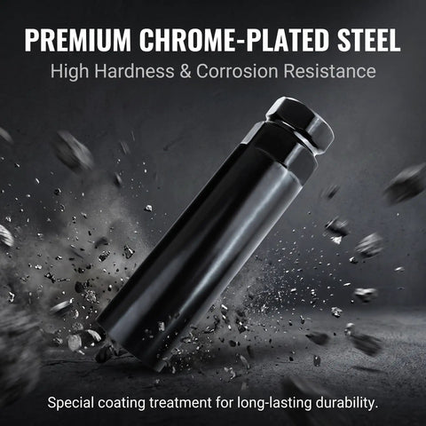 Heavy Duty 6 Spline Lug Nut Key And Rugged Socket Set Beater Proof Grip made of chrome plated steel for durability.