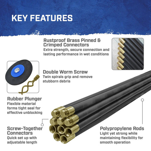 Heavy Duty Drain Cleaning Rods 9 Meters Long With Ten Flexible Interlocking Tubes Rust Proof Brass Couplings And A Spiral Auger Attachment showing connectors and features.
