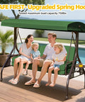 Family enjoying 3 Seat Patio Swing With Canopy Convertible Outdoor Swing Bed With Thick Cushions And Pillows Cup Holders 135 Degree Adjustable Hardtop Canopy Shade For Backyard Garden Or Deck Green