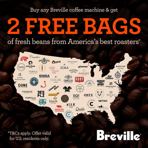 Promotional image for 2 free bags of coffee beans with Breville coffee machine purchase, featuring a U.S. map and coffee roaster logos.