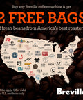 Image showing Breville promotion for 2 free bags of coffee beans from top U.S. roasters on a coffee beans background.