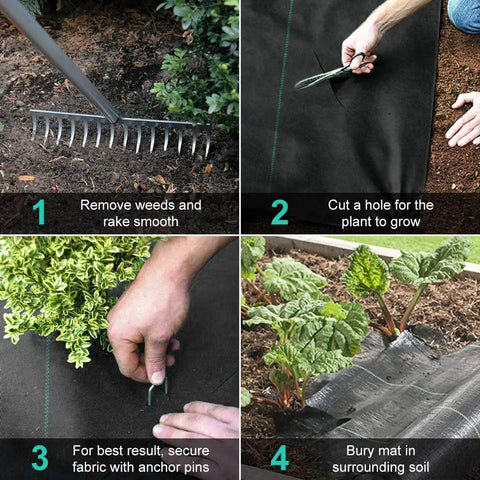 Four steps using heavy duty weed barrier landscape fabric 6ft wide by 50ft long, 3.2oz polypropylene woven geotextile ground cover for gardens.