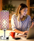 Rose Gold Crystal Touch Lamps Set Of 2 With Dual USB Ports, 3 Way Dimmable Nightstand Lights beside woman using phone at desk
