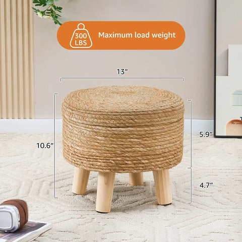 Handwoven Natural Seagrass Storage Ottoman Poufs Round Footrest Stool With 4 Wood Legs Comfy Padded Outdoor Seat Cozy Hidden Storage