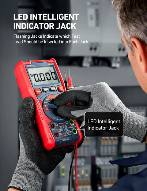 Electrician using True RMS 6000 Counts Auto Ranging Digital Multimeter with LED indicator jack in a control panel.