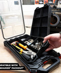 Quad FlexiTray Flexible Tool Tray System For Milwaukee PACKOUT Compatible Organizer For Tools Nuts Bolts And Parts For Workshop Garage And Van Storage With Non Slip TPE Grip Made In The UK, open view showing compartments filled with tools and fasteners.