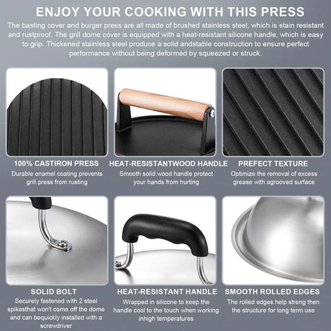 Close-up of 7 Inch Cast Iron Smash Burger Press Kit with 12.5 Inch Heavy Duty Griddle Dome and Patty Papers features
