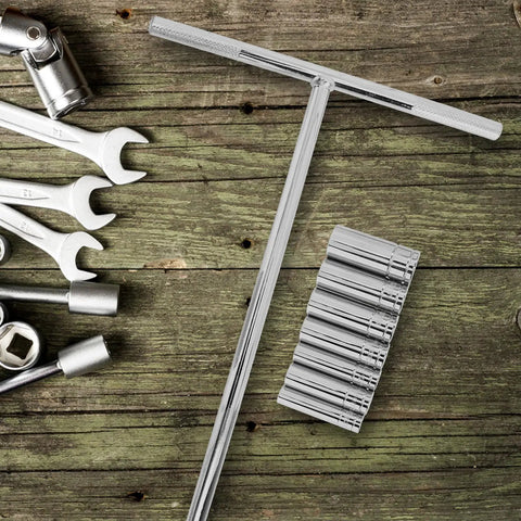 Beefy Metric T Handle Socket Wrench Set Rock Solid Vanadium Steel Spanners with knurled grip on wooden surface.