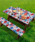 Floral Picnic Table And Bench Cover Set Windproof Dustproof And Washable Rectangle Tablecloths for picnics in grass background.