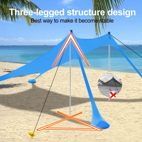 Sun Shield Beach Canopy Tent With UPF 50 Plus Protection, no fuss setup showing three-legged structure on sandy beach.