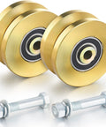 Solid 4 Inch V Groove Gate Wheel Set Heavy Duty Sliding Gate Rollers One And Three Quarters Inches Width Caster Wheels With 2500 Lbs Capacity Screw Mount Double Bearing Pair Two Sets shown with bolts