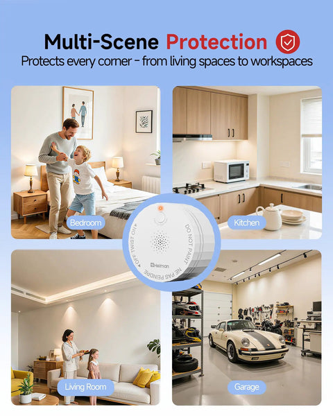 Top Shelf Battery Powered Photoelectric Smoke Detector And Home Alarm With Sleek Low Profile Design in various indoor settings.
