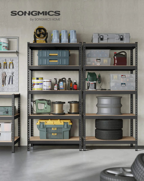 Rock Solid Steel Shelving Rack Set Of Two With Five Adjustable Levels Zero Fuss Boltless Setup Holds Heavy Loads Up To 462 Pounds Per Tier Built Tough Garage And Workshop Organizer with various tools and storage boxes.