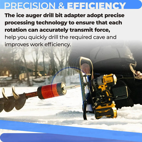 Heavy Duty Ice Auger Drill Bit Adapter Compatible With Clam Drill Plate For K Drill And StrikeMaster Lite Flite Fits Standard Power Auger Bits shown in use on ice.