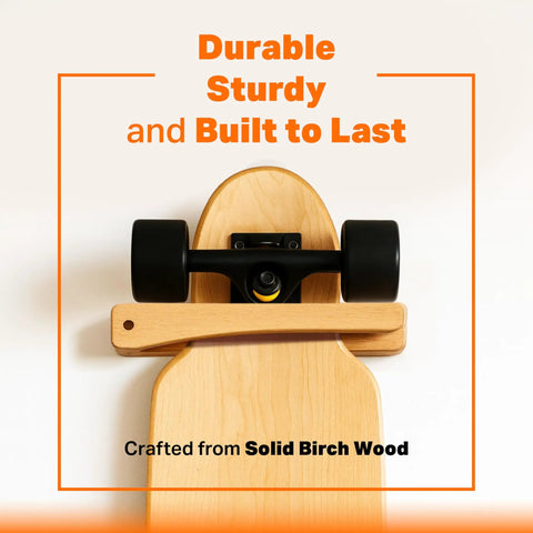 Premium Wooden Vertical Skateboard Wall Mount Rack And Heavy Duty Storage Hanger For Standard Decks, solid birch wood mount with skateboard.