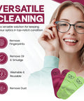 Basesit eyeglass cleaning cloths, 4-pack in rose and green microfiber for removing fingerprints and dust.