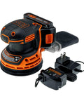 Cordless Orbital Sander With 12,000 OPM For Fast Material Removal, Lightweight And Easy To Use, Hook And Loop Sandpaper System, Includes Battery And Charger And Two Sandpaper Sheets; sander showing charger and battery