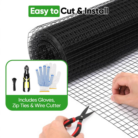 Hands cutting Vinyl Coated Hardware Cloth Roll 24 Inch By 50 Foot 19 Gauge Welded Steel Wire Mesh 1 Inch Squares with tools included
