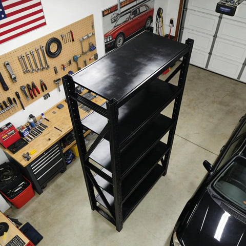 Heavy Duty Multi Tier Storage Rack And Adjustable Metal Shelving Unit For Garage Organization Built Tough With Rock Solid Modular Frame Quick No Sweat Setup Handles 1800 Pounds, overhead view in garage.