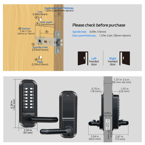 Heavy Duty Waterproof Mechanical Code Lock With Tough Keypad Deadbolt For Front Doors and Rock Solid Keyless Entry Security Plus No Sweat Mounting Hardware In Durable Matte Black dimensions and installation guide on wood door.