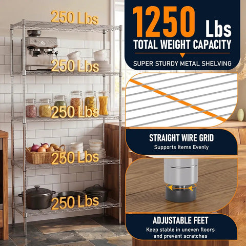 Solid As A Rock Five Tier Wire Shelving In Chrome Finish Hella Roomy Storage Rack With 1250 Pound Load, showcasing jars and kitchen items.