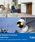 1080p Indoor Outdoor Security Camera With Motion And Person Detection, Baby Cry Alerts, Color Night Vision, IP65 Weatherproof, Local SD Or Cloud Storage, Works With Alexa And Google Home shown installed on a wall and used indoors.