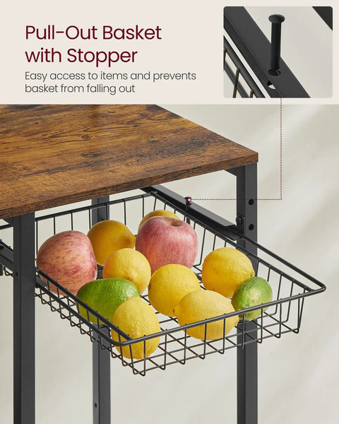 Top Tier Metal Baker Rack With Microwave Stand Rock Solid Kitchen Storage Shelf featuring a pull-out wire basket with fruits.