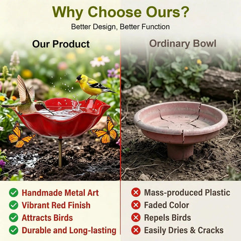 Comparison of Metal Flower Garden Stake Bird Bath Waterer For Outdoor Yards Pollinator Station Hummingbird Fountain and cracked plastic bowl