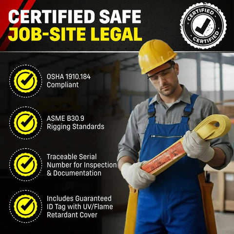 Worker in safety gear holding 1 Inch By 10 Foot Nylon Lifting Sling Heavy Duty 3200 Lb Vertical 2600 Lb Choker 6400 Lb Basket