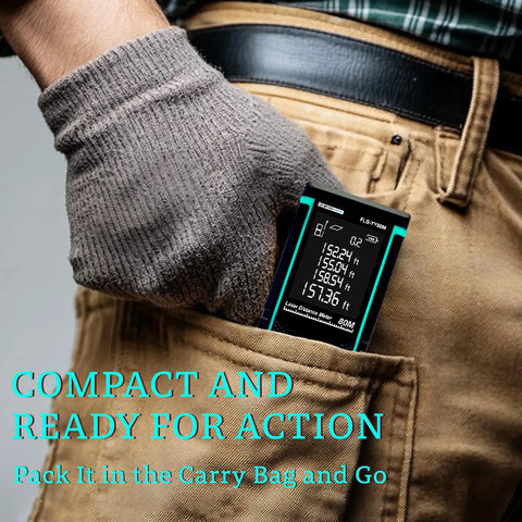 Heavy Duty Red Laser Distance Meter Measures Up To 393 Ft With Smart Tilt Sensor And Backlit Screen in pocket, ready for use.