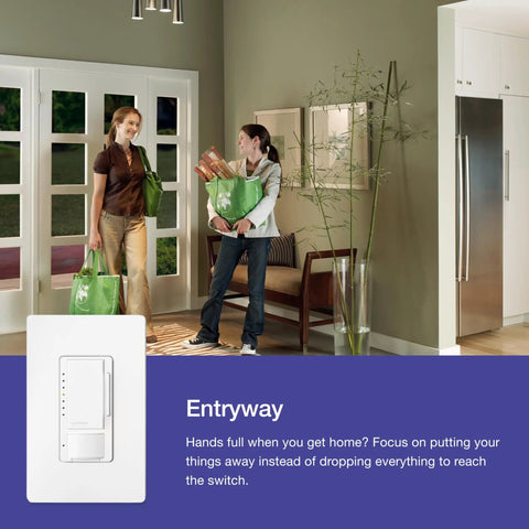 Entryway with Maestro LED Plus Motion Sensor Dimmer Switch, white finish, above women carrying groceries, showcasing hands-free auto on/off feature.