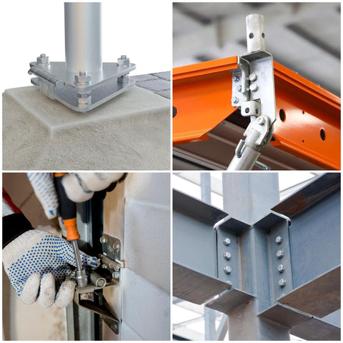 4 images showing the installation of 5/16 Inch Wedge Anchor For Concrete, Carbon Steel, Anti Rust Finish with various structural components.
