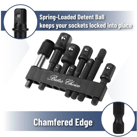 Impact Socket Adapter Set Nine Piece Magnetic Bit Holder With One Quarter Inch Three Eighths Inch And One Half Inch Hex Shanks For Drill And Impact Driver Pro Grade Heavy Duty Chrome Vanadium Steel displayed with spring-loaded detent ball and chamfered edge features visible.