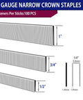 18 Gauge Narrow Crown Staples in 100 piece sticks, measuring 1, 3/4, and 1/2 inches, ideal for Pro Level 18 Gauge Narrow Crown Staples And Brad Nails Assortment Kit 4200 Pieces Rock Solid Rust Resistant Steel For Upholstery Woodworking And Weekend Garage Fix Ups.