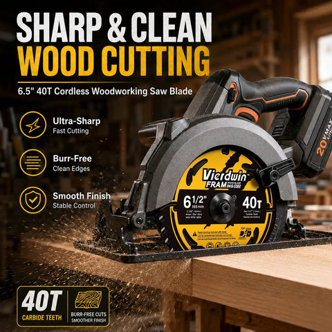 Heavy Hitter 6 1/2 Inch 40 Tooth Carbide Circular Saw Blade Featuring Rock Solid Anti Vibration Design And Non Stick Coating For Smooth Wood Plywood Mdf And Osb Cuts on a cordless saw.