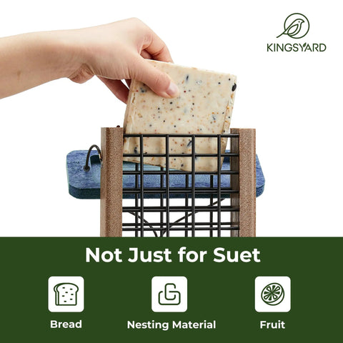 Double Capacity Tail Prop Suet Bird Feeder for Outdoor Hanging Made From Recycled Plastic Sturdy and Durable with Two Sided Wire Mesh Perfect for Woodpeckers and Clinging Birds Blue, shown with a hand placing suet cake