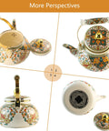Floral Enamel Tea Kettle With Ceramic Handle Two And A Half Liter Capacity Vintage Gold Beige Boho Porcelain Teapot for Stovetop