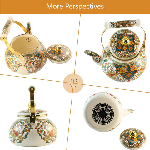 Floral Enamel Tea Kettle With Ceramic Handle Two And A Half Liter Capacity Vintage Gold Beige Boho Porcelain Teapot for Stovetop