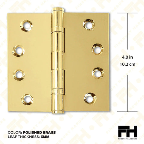Solid Brass Door Hinge Set Built To Last Heavy Duty Ball Bearing Polished Gold 4x4 Inch with decorative screw on tips.