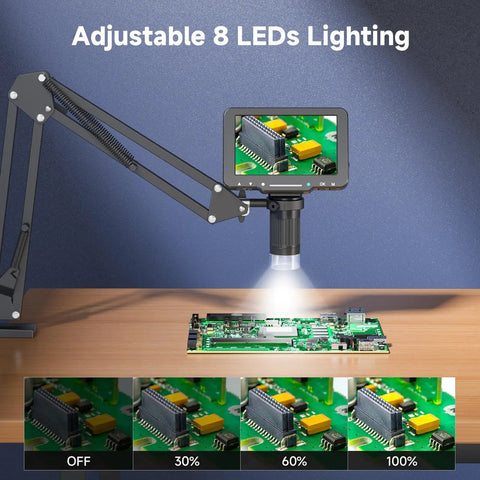 5 Inch LCD Digital Soldering Microscope With Flexible Stand, 1000X Magnification, focused on circuit board with adjustable eight LEDs.