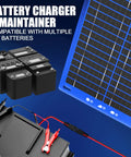Plug Play Go 7.5W 12V Portable Solar Panel Trickle Charger and Battery Maintainer with alligator clips and batteries.