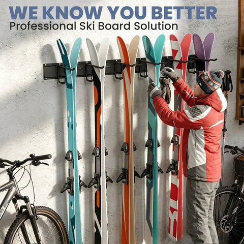 Heavy Duty Ski And Snowboard Wall Mount Rack Hangs And Stashes 6 Pairs Of Boards, premium black steel, holds skis on wall.