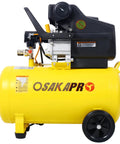 This Bad Boy 13 Gallon Air Compressor Is A Total Game Changer For Your Shop! With 45HP Power And Oil Lubricated Guts, It Cranked Out Heavy Duty PSI Like Nobody's Business. Side view of yellow 13-gallon air compressor with black motor.
